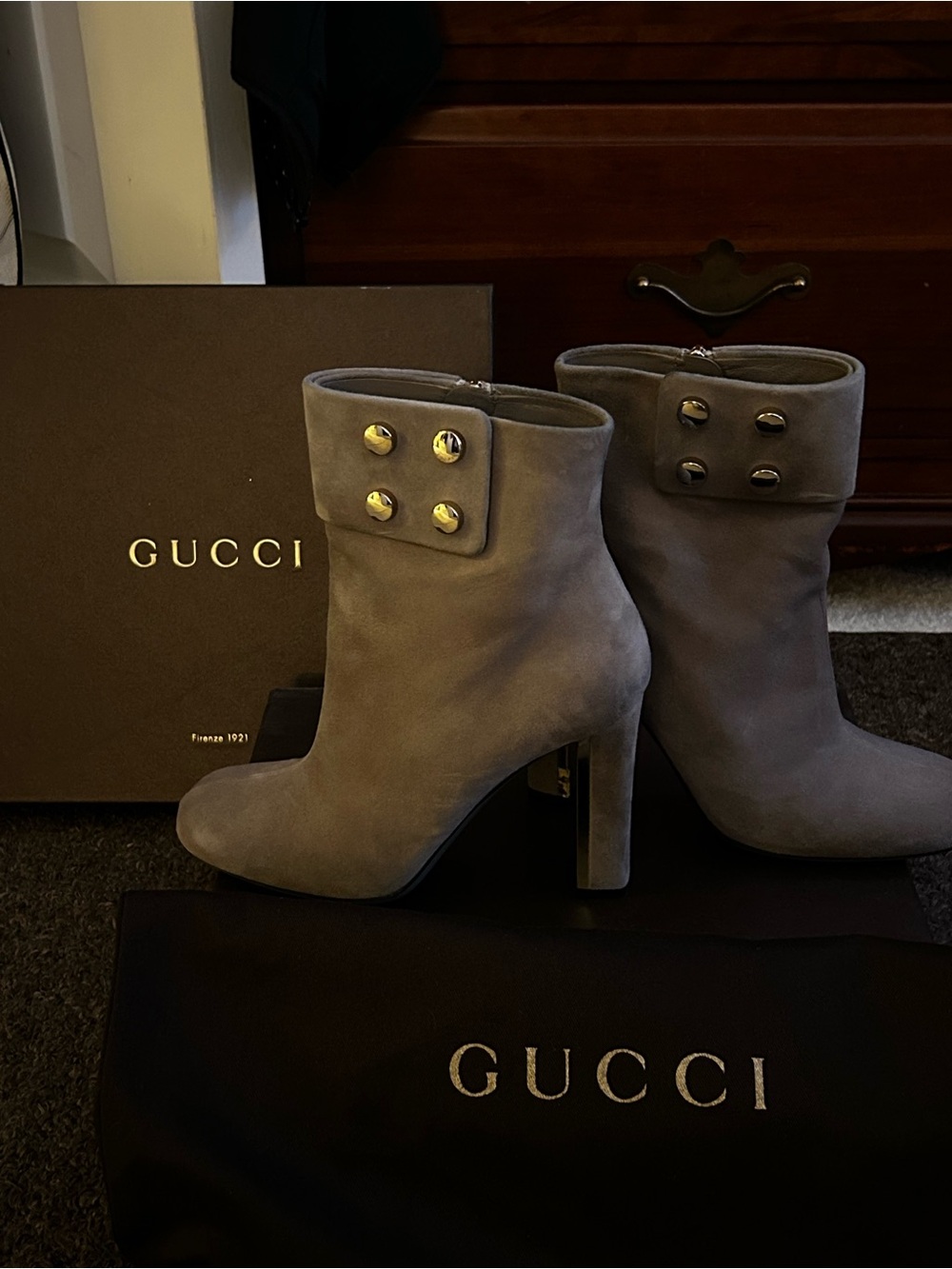 Gucci Gray Suede Ankle Boots with Silver Button Accents